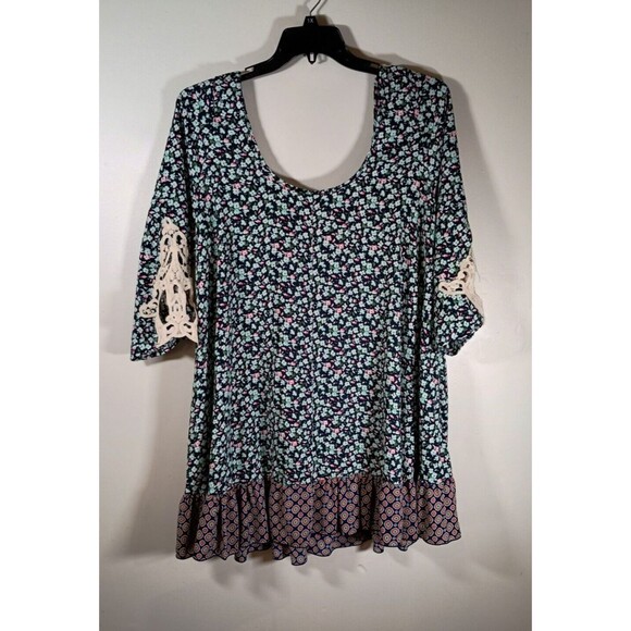 Easel Swing Floral Deep Scoop Neck Flowy Mini Lace 3/4 Sleeve Dress Size Large - Picture 7 of 7